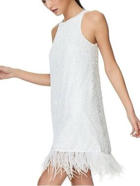 Aidan by Aidan Mattox Size 8 Sequined Trapeze Halter Dress Feather Hem NWT Swing